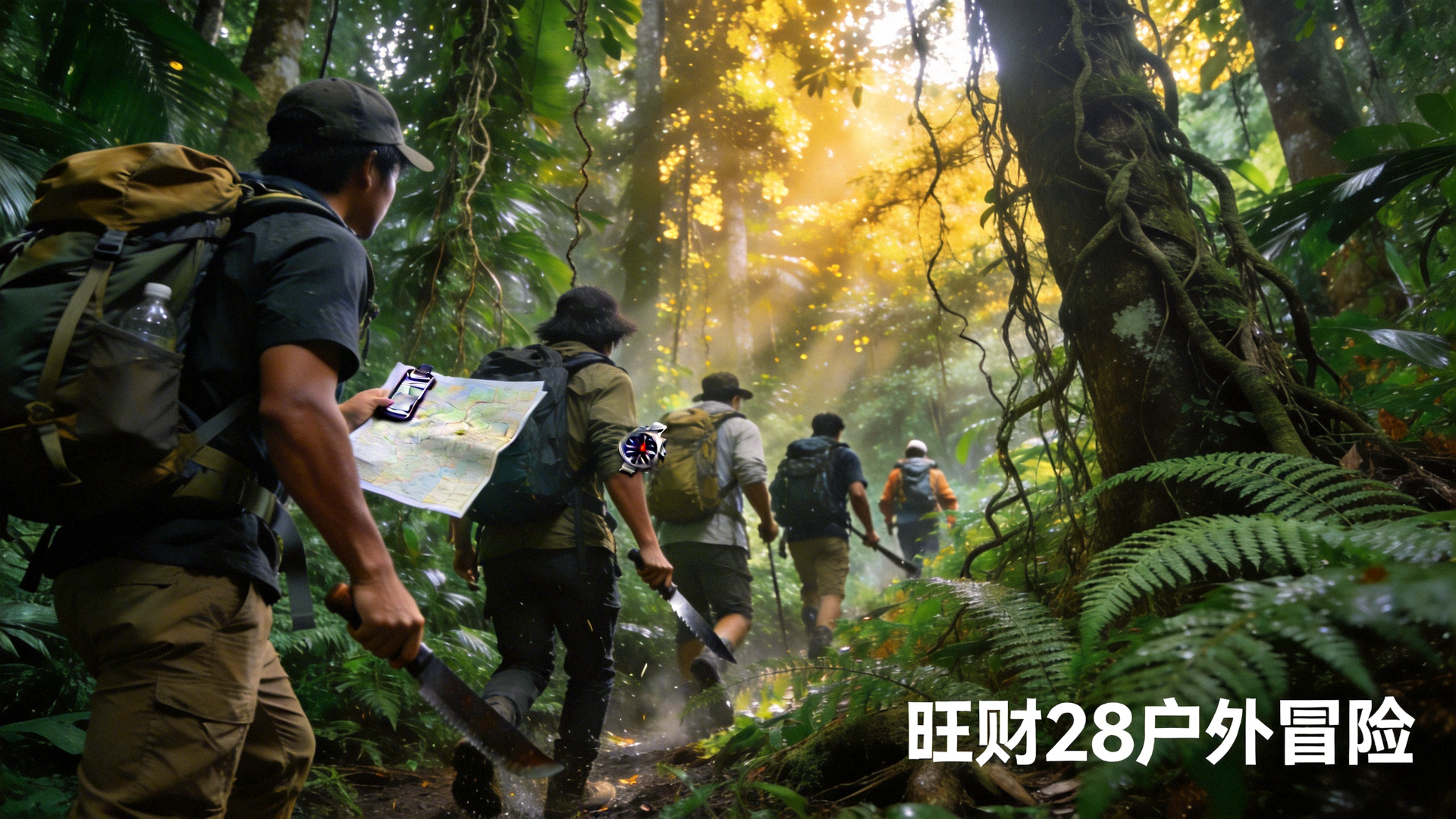 徒步穿越茂密丛林探险队行进瞬间 - 旺财28户外冒险